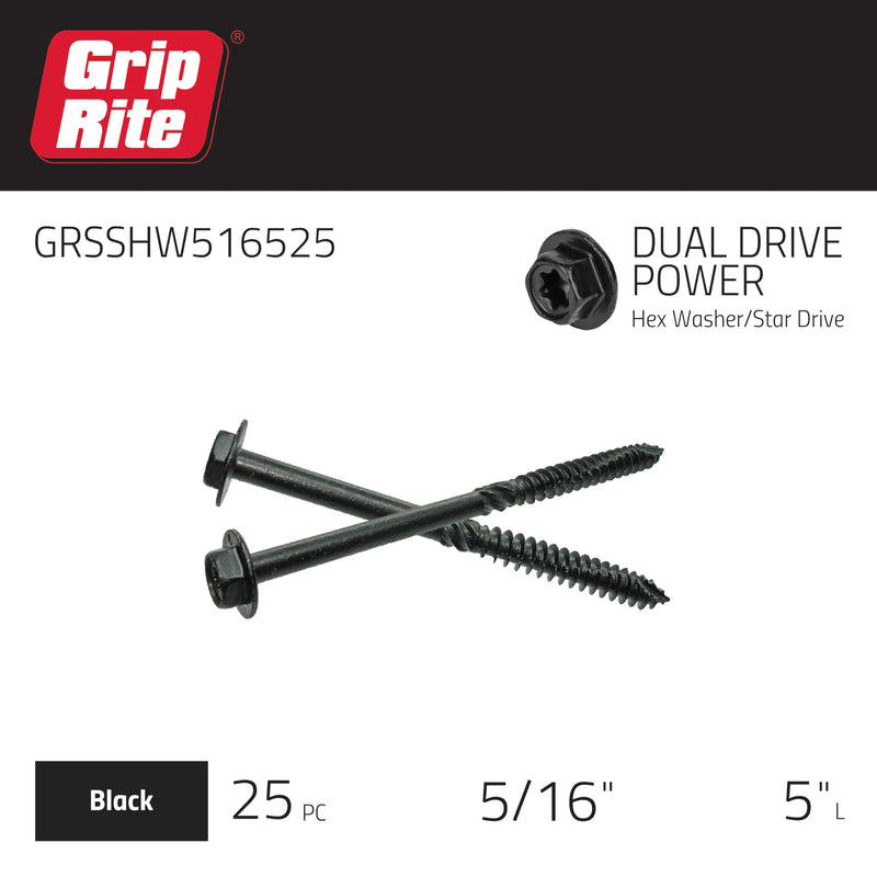 Grip Rite GRSSHW516525 5/16-inch by 5-inch Dual Drive for 3/8-inch Hex and T-25 Star Drive Prime Guard Plus Structural Screws 25 count