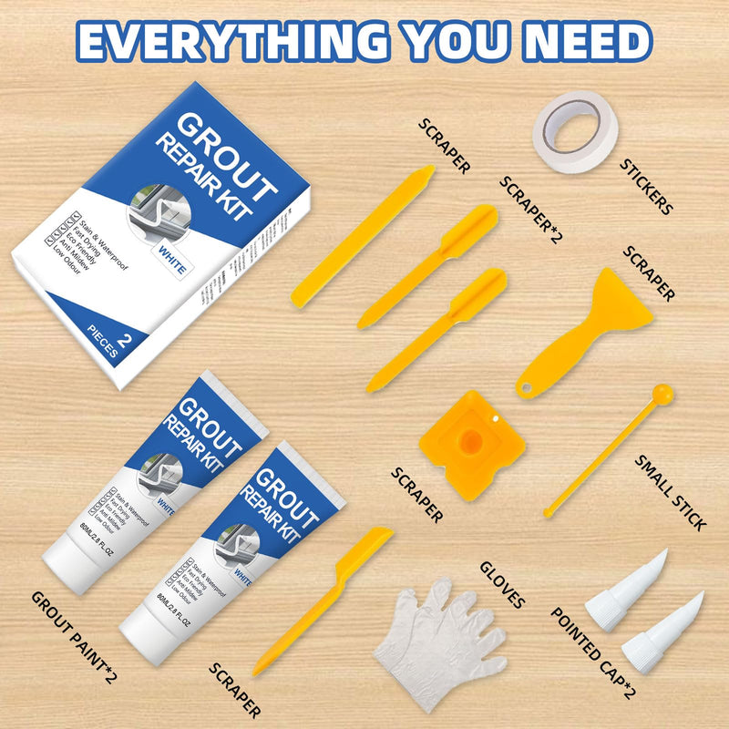 Tile Grout Repair Kit, 2 Pack White Grout Filler, Fast Drying and Waterproof Tile Grout Repair for Bathroom Shower Kitchen, Restore & Renew Tile Joints Line