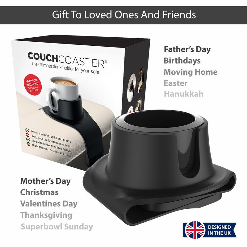 HIT PRODUCTS CouchCoaster® - Original & Patented Armrest Couch Cup Holder, Jet Black - A Weighted, Silicone, Anti Slip Coaster Stops Spills On Your Sofa, Armchair Or Recliner & Keeps Drinks in Reach