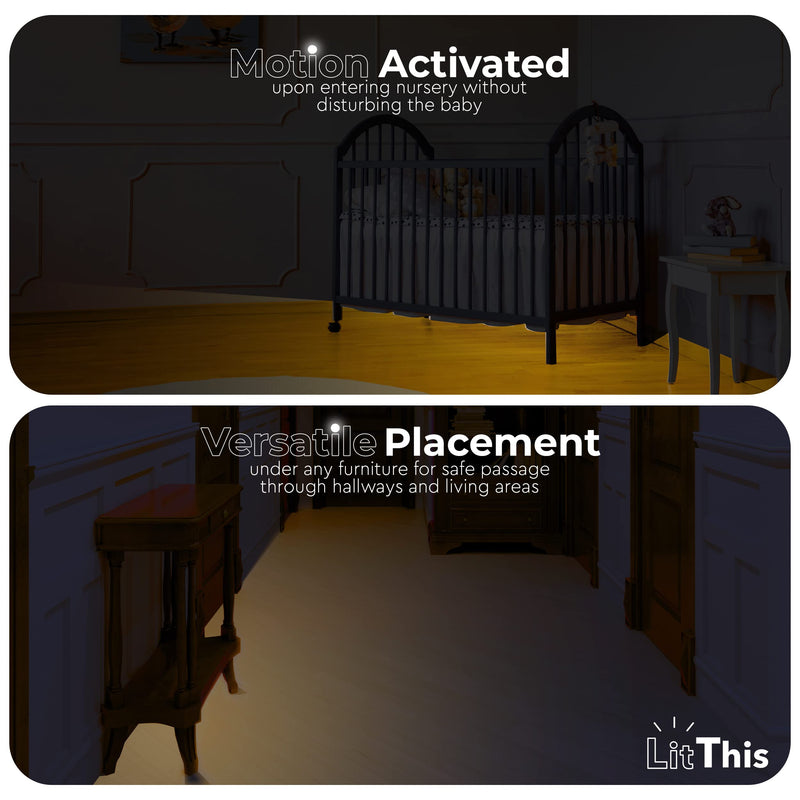 Under Bed Lights Motion Sensor Patented 360° motion activated night light for under bed light. – No Installation, easily positioned, dimmable, auto on/off.