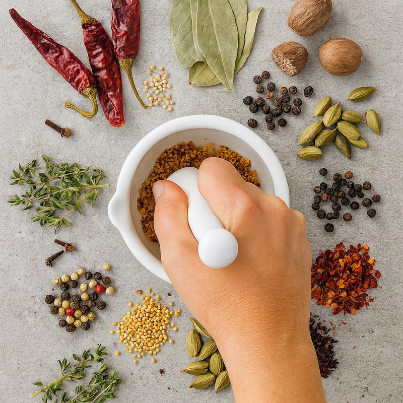 HIC Kitchen Mortar with Pour Spout and Pestle, Fine Porcelain, 4.25-Inch, Spice Herb Grinder, Pill Crusher, Nut Butter Maker