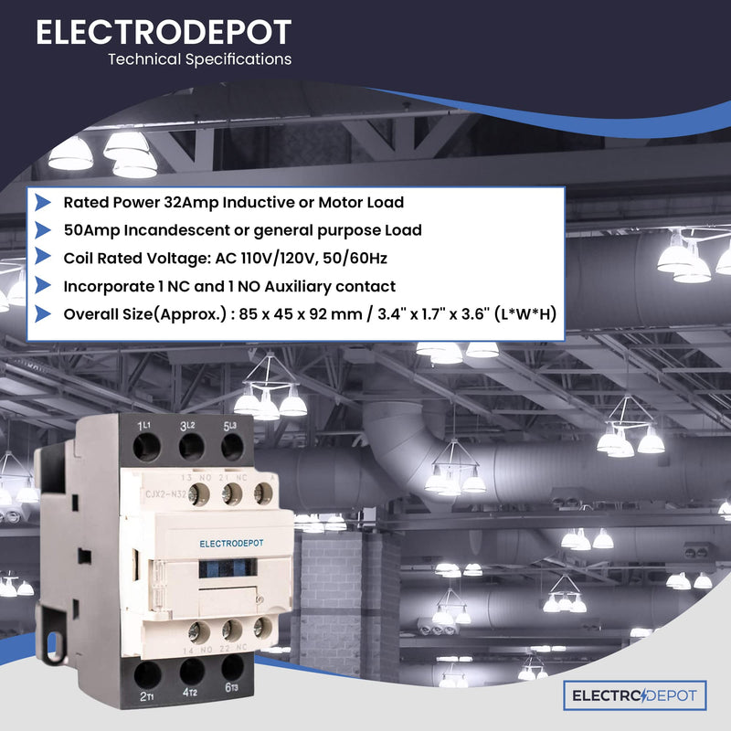 30A Electrodepot Contactor 3 Pole, 110/120V Coil, Motor Load 32A, Lighting 40A, 50A, 600V IEC DIN w 1NO and 1NC Aux Contact 1 Pack
