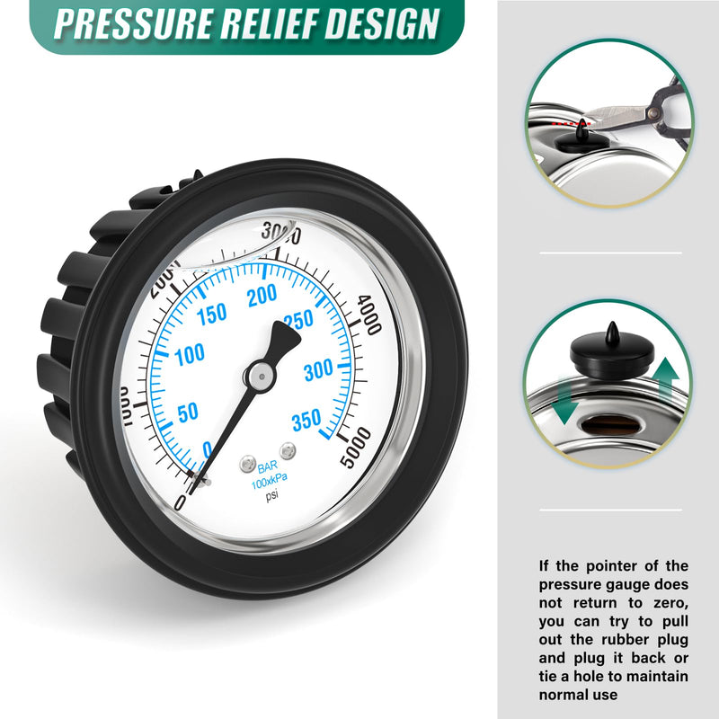 0-5000PSI Stainless Steel Liquid Filled Pressure Gauge, 2.5" Dial Size, 1/4" NPT Back Mount, with Rubber Protective Sleeve, for Tube, Water Pump, Gas, Liquid, Pressure Test 0-5000Psi BackMount