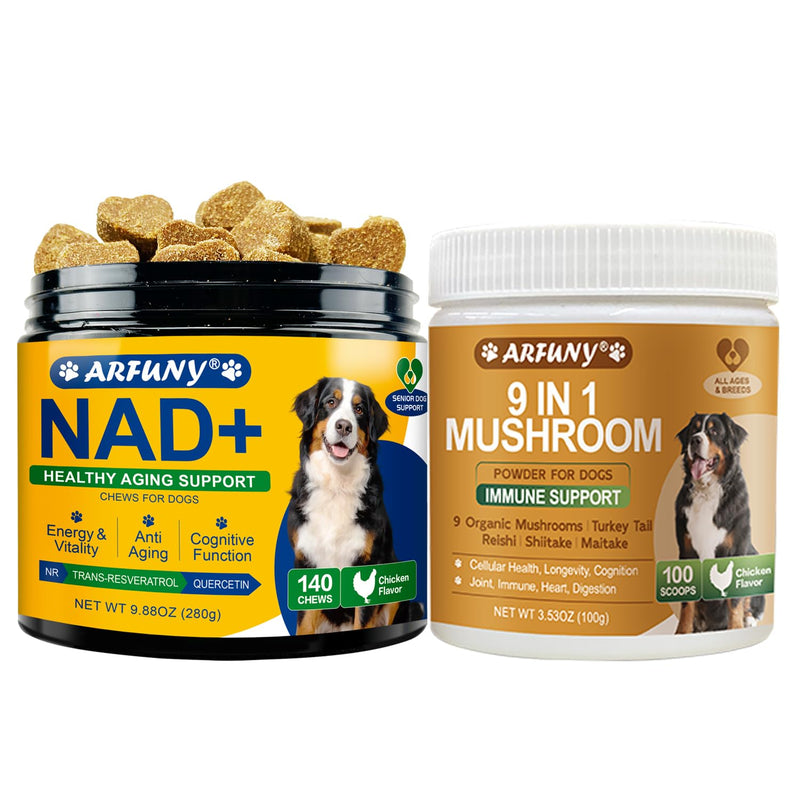NAD+ Soft Chews for Dogs & Dog Mushroom Powder - Energy & Vitality, Anti-Aging, Cognitive Function - Hip & Joint, Skin & Coat, Digestive, Cellular, Immune Health Support