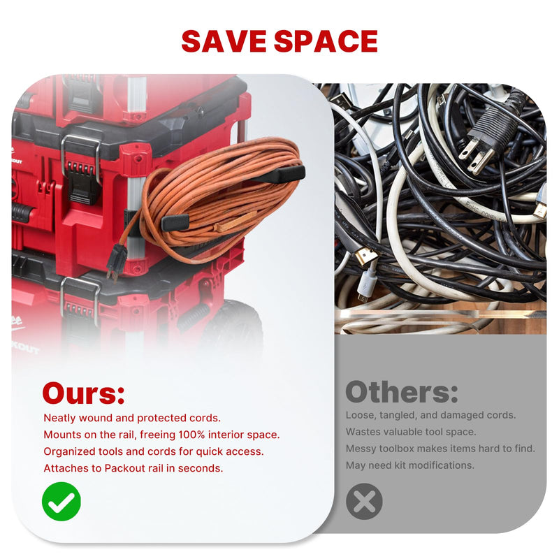 BYERN AUTO Extension Cord Holder Compatible with Milwaukee Packout Toolbox, Space-Saving Organizer with Corner Rail Clips, Fits Tool Box & Ropes, Holds Up to 50ft Cord, Efficient Cord Storage Access Black1
