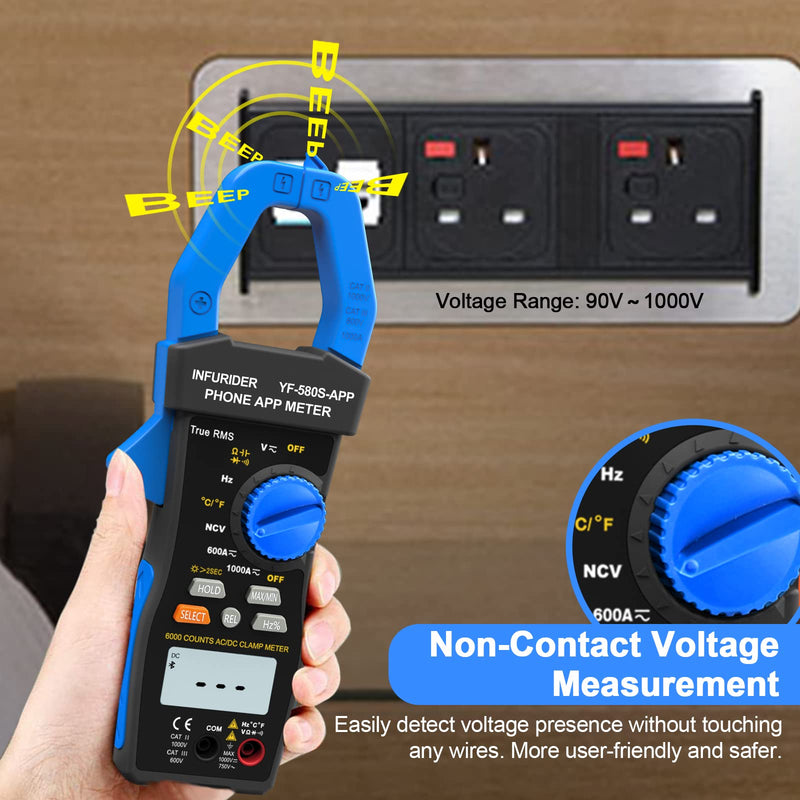 Bluetooth Clamp Meter, TRMS 6000 Counts Auto- Ranging Clamp on Ammeter, 1000A AC/DC Current Clamp Volt Meter, Wireless Clamp Multimeter Measures Capacitance, Ohm, Hz, NCV and Temperature