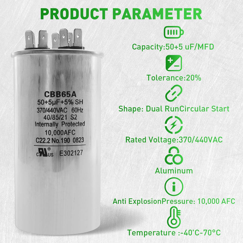 3313107.018 50+5uf+5%, 370/440VAC, 60Hz, 10,000AFC CBB65A Dual Run Circular Start 3100248.487 Capacitor for United States Standard AC Motors, Replace 27L601 and 3100248.487