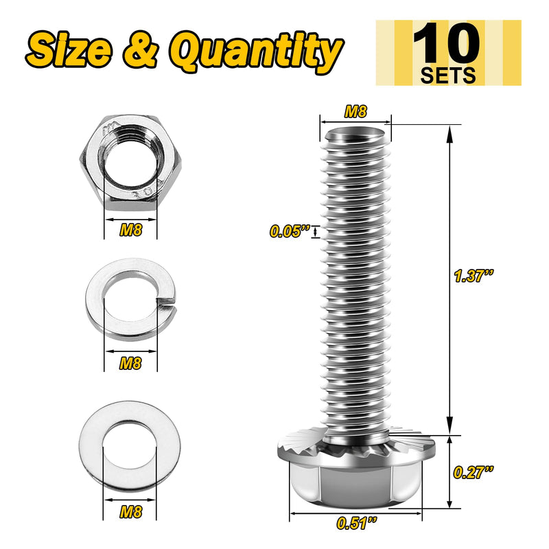 M8 x 35mm (10 Sets) M8x1.25 Bolt Flanged Hex Head Nuts and Bolts, M8 Bolt Flange Hexagon Screws with Nuts and Washers, 304 Stainless Steel 18-8 Metric Bolt Assortment, DIN 6921, by Mywish Silver-M8