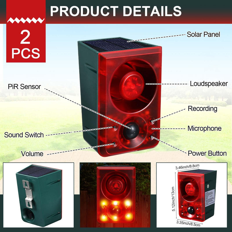 Qualirey 2 Pcs Solar Outdoor Motion Sensor Alarm Animal Deterrent Gunshot Sound Dog Barking 130db Loud Noise Maker 3 Modes with USB Remote Control, Support Recording and Volume Adjustment (Red) Red