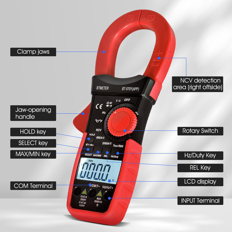 BTMETER Digital Clamp Meter Multimeter, 6000 Counts Bluetooth Multimeter, 2000A AC/DC Amp Tester, Measures Voltage, Ohms, Capacitance, Frequency, Temperature, NCV with Data Logging 570Y-APP