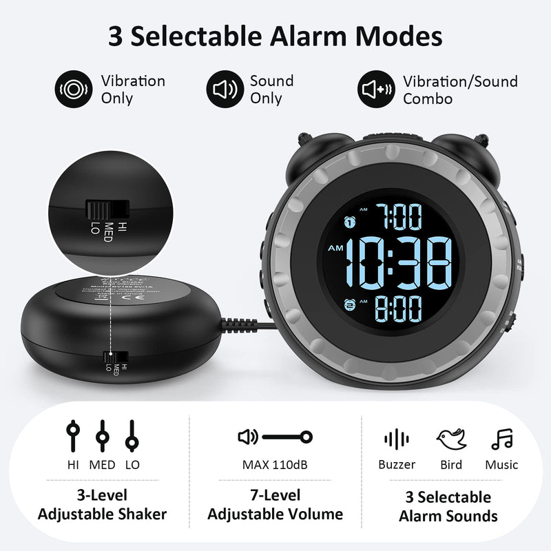 uscce Loud Dual Alarm Clock with Bed Shaker - 0-100% Dimmer, Vibrating Alarm Clock for Heavy Sleepers or Hearing Impaired, Easy to Set, USB Charging Port, Snooze, Battery Backup Black