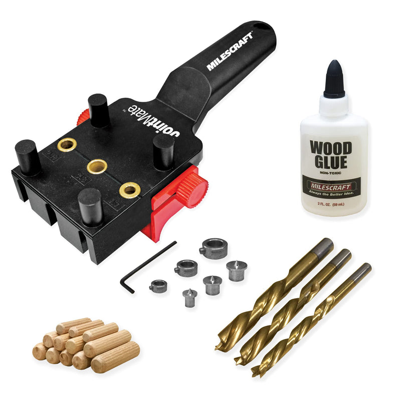 Milescraft 1333 Dowel Jig Kit - New, Improved, Self-Centering Handheld Dowel Jig with 3 Metal Bushing Sizes (1/4in, 5/16in, 3/8in) - Complete Doweling Jig Kit with all Accessories HARDWARE