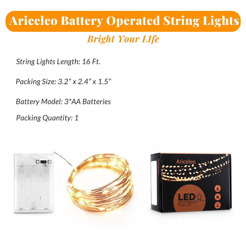 Led Fairy Lights Battery Operated, 1 Pack Mini Battery Powered Copper Wire Starry Fairy Lights for Bedroom, Christmas, Parties, Wedding, Centerpiece, Decoration (5m/16ft Warm White)