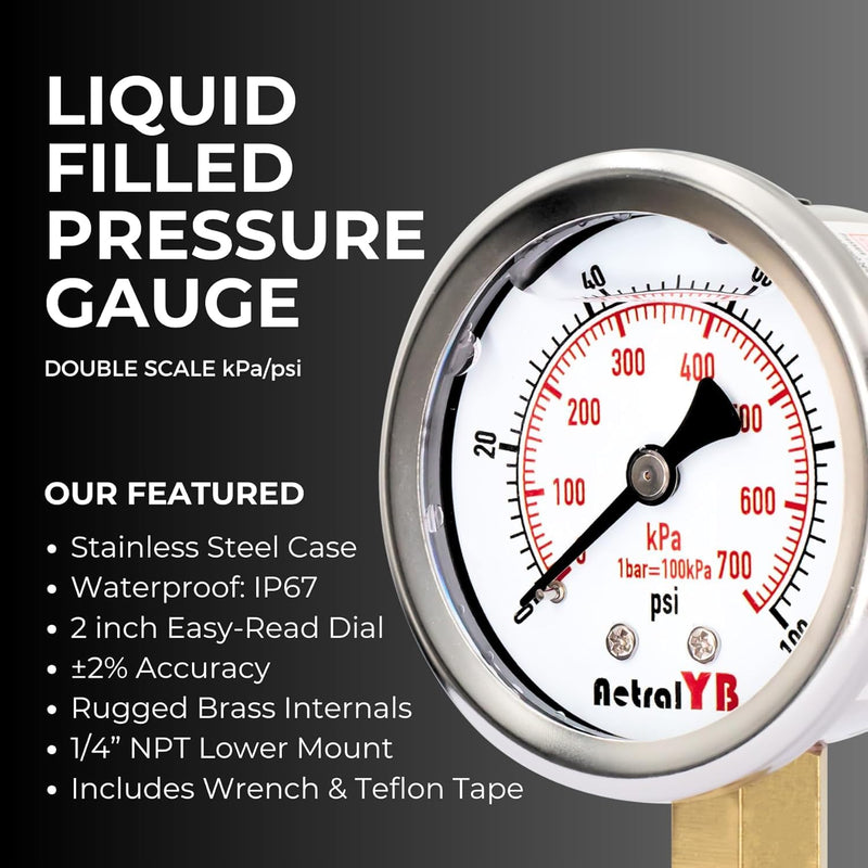 Glycerin-Filled Pressure Gauge,Brass Internal 2-Inch Gauge, Stainless Steel, 1/4" NPT Lower Mount (0-100Psi 2 Pack) 0-100Psi 2 Pack