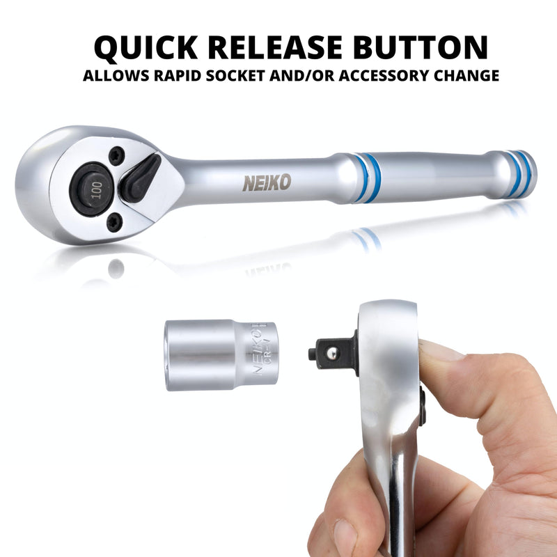 NEIKO 03116A 3/8 Inch Ratchet Wrench, 100-Tooth Reversible Ratchet, 3.6 Degree, Quick Release 3/8 Drive Ratchet, 8" Long Handle Ratchet, Oval Head Socket Wrench, CR-V Steel Ratchet Wrench 3/8" Drive 8" Length, 100-Tooth
