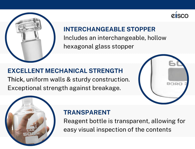 EISCO Reagent Bottle, Borosilicate Glass, Narrow Mouth with Interchangeable Hexagonal hollow glass Stopper - 500ml Labs