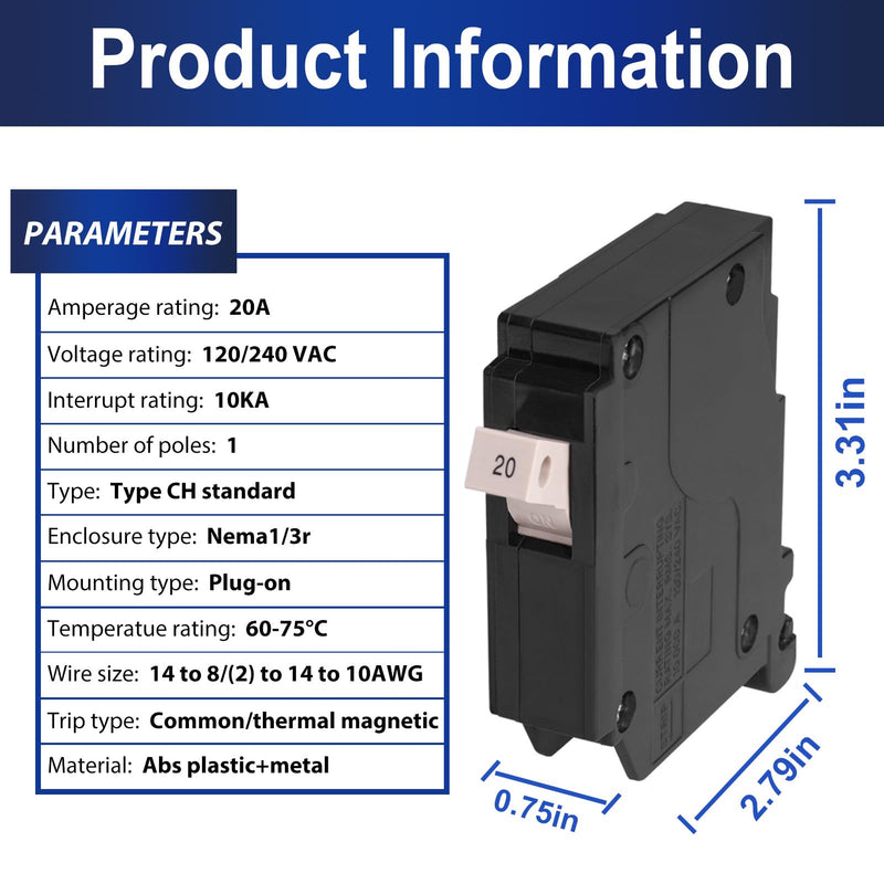 20 Amp 1-Pole Circuit Breaker, OEM Replacement for Most Breaker Boxes, 120/240V Plug-in, Thermal Magnetic Protection, Easy Installation, 10-Year Warranty 20 Amp 1-Pole/2Pcs