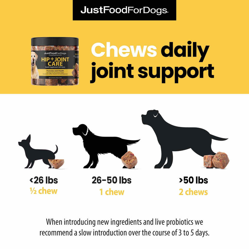 JustFoodForDogs Hip and Joint Supplement for Dogs, Human Grade Glucosamine Chondroitin Dog Supplements, Multivitamin Soft Chews, Omega 3 Oil, Superfood Blend, Plant Based Dog Vitamins - 45 Count Hip + Joint Care