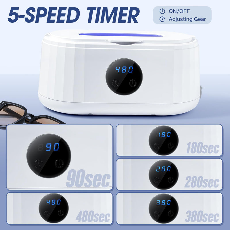 Ultrasonic Jewelry Cleaner,49Khz Ultrasonic Cleaner Machine with Blue Light | Ultrasonic Jewelry Cleaner For Dentures,Retainers, Eyeglasses, Watch,Braces,Rings, Jewelry, 5 Cleaning Modes and LED Display White