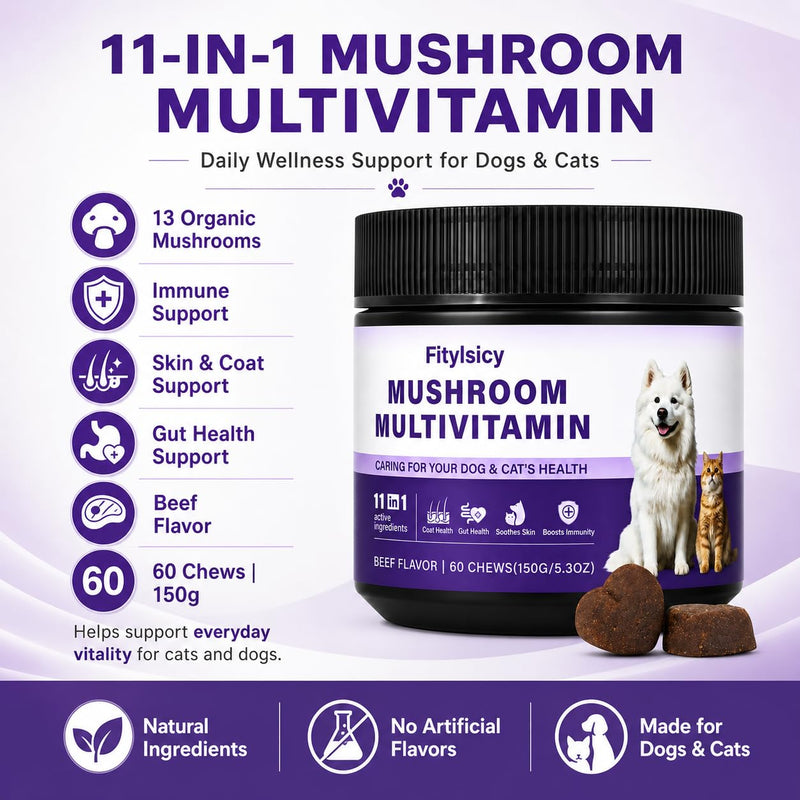 Mushroom Supplement for Dogs & Cats, 11-in-1 Pet Multivitamin Soft Chews, 13 Organic Mushrooms with Glucosamine, Chondroitin, MSM & Omega-3, Immune, Gut, Joint, Skin & Coat Support, Beef, 60 Count
