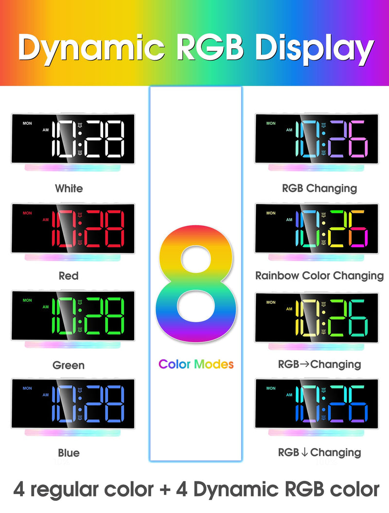 Cadmos Extra Loud Alarm Clock for Heavy Sleepers Adults,Teens,Kids,Rainbow Clock for Bedrooms,Small Bedside Digital Clock with Large Display,7 Color Night Light,12/24h(Black+Dynamic) Black+dynamic