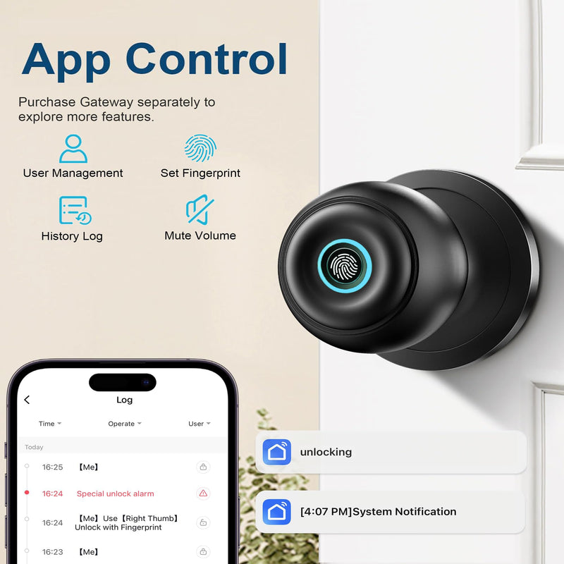 3-in-1 Smart Door Lock with Fingerprint Unlock, Smart Fingerprint Door Knob, Auto Lock & App Control – Keyless Entry for Home, Office, Garage & Apartment
