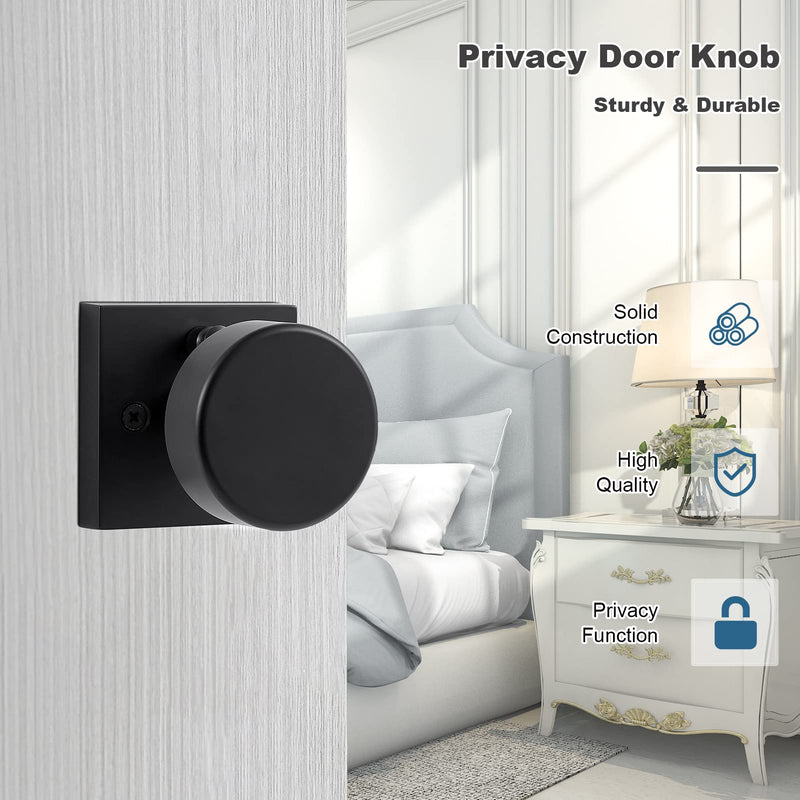 Privacy Black Door Knobs Interior, Matte Black Interior Door Knob with Lock, Square Modern Door Knob Handles for Bedroom and Bathroom, Heavy Duty Design Privacy