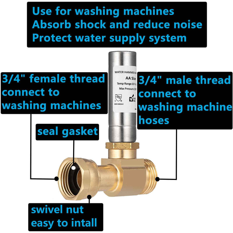 (2 Pack) Lidertik Water Hammer Arrestor Washing Machine 3/4 Absorb Shock and Reduce Noise Laundry Washer Knock Valve Garden Hose Air Inline Sink Dishwasher LI-Y241-11-11-S(2 PACK) S-Stainless steel-2 Pack