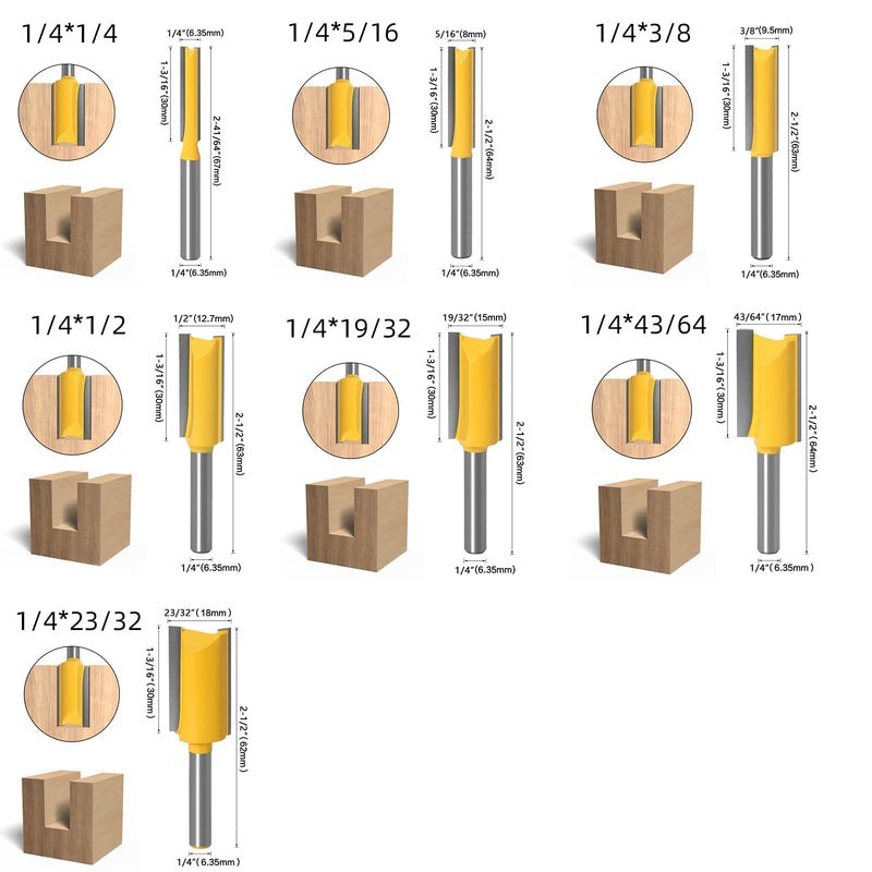 7pcs Straight Router BIT 1/4" Shank Tungsten Carbide Double Straight Dado Router Bit Set, 1/4,5/16,/3/8,1/2,19/32,43/64,23/32 Cutting Diameter Trimming Cutter for Woodworking 7PCS 1/4" Shank Straight Bit