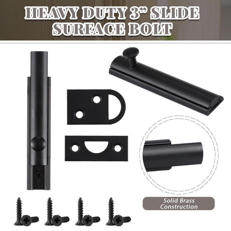 Lothee 4 Pcs Solid Brass Surface Bolt Door Slide Bolt Door Latches for Top of Door Slide Latch Lock (Matte Black,3") 3'' Matte Black - NewNest Australia
