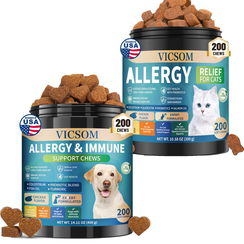VICSOM Dog & Cat Allergy Relief Chews Bundle, 200 Count Each, Chicken Flavor Soft Chews withOmega-3, Probiotics, Colostrum- Skin, Coat & Digestive Support for Pets