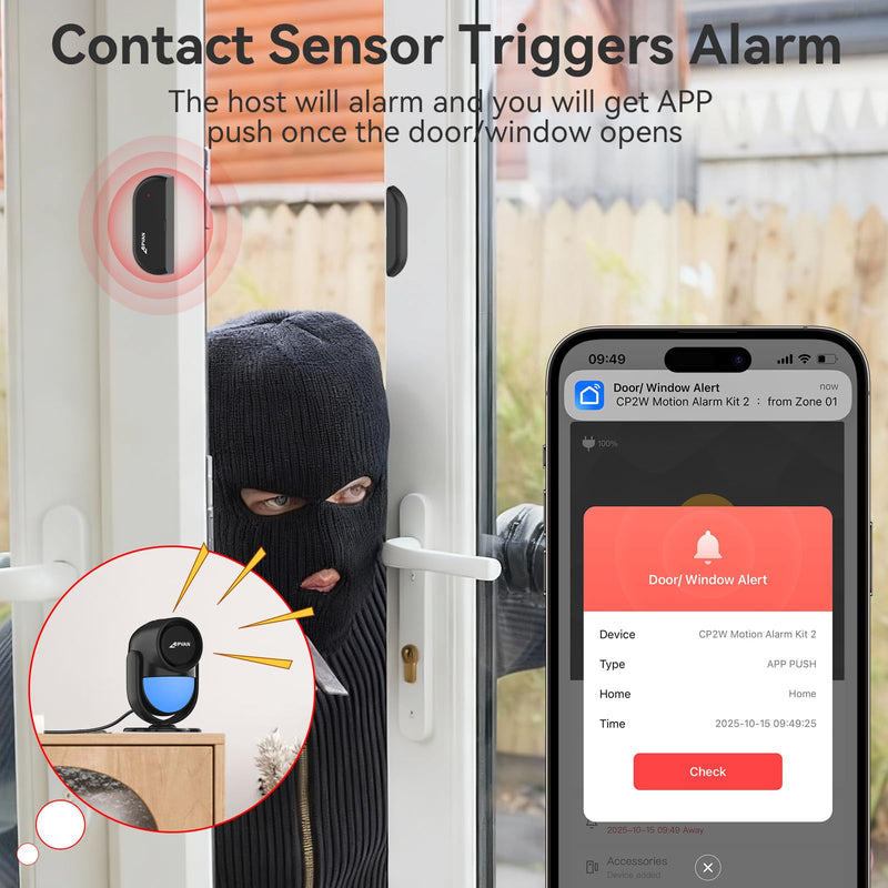 CPVAN WiFi Home Alarm System with PIR Motion Sensor, Wireless DIY Smart Motion Alarm with 6 Door/Window Sensors for Security - On Spot Alarm & APP Alert, Black Black-1+2+6