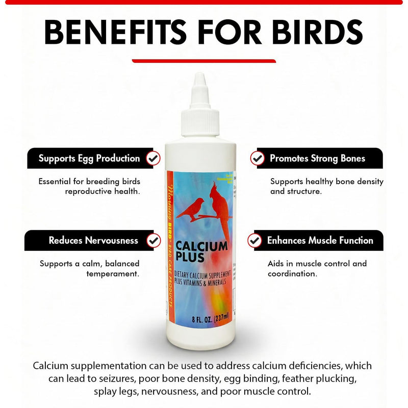 Morning Bird Calcium Plus Liquid for Birds – Calcium Supplement with Vitamins and Minerals for Strong Eggshells, Healthy Bones - Support Growth, Breeding, and Wellness for All Birds 8 Fl Oz