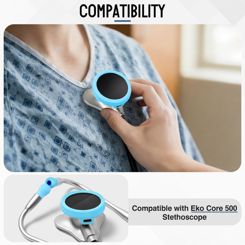 All in One Protection Kit Compatible with EKO Core 500, 3 Pcs 2.5D Tempered Glass Screen Protector 3 Digital Stethoscope Chestpiece Cover & 12 Silicon Ear Tip(Gradient Blue) Gradient Blue