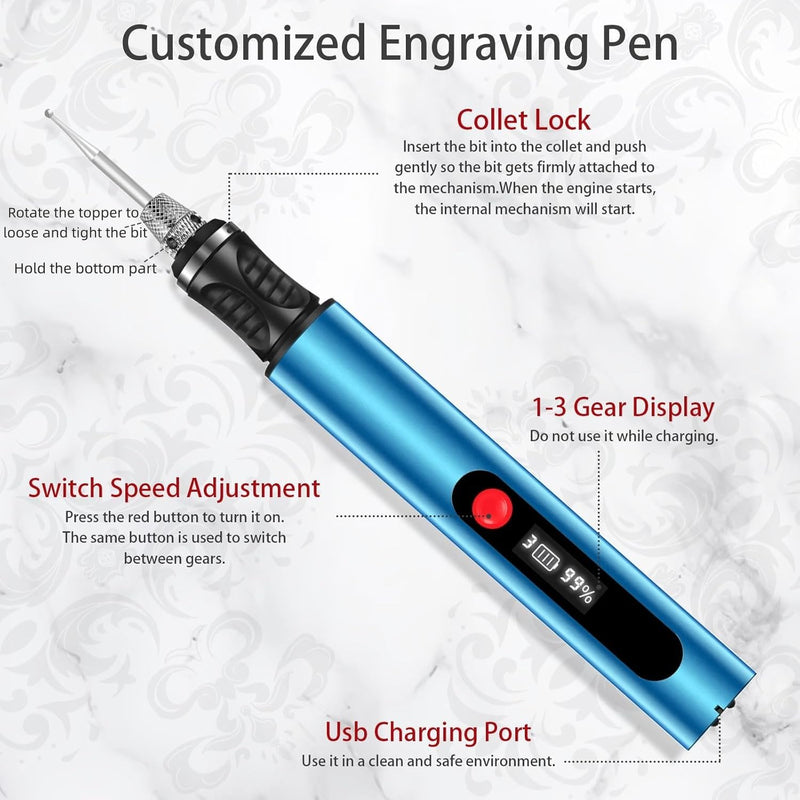 Engraving Pen for All Materials, Ultimate Cordless Portable Tool for Artists & DIYers, Portable Rotary Engraver Machine for Jewelry Wood Glass Stone Carving - Engrave 60+ Surfaces (Deep Blue) Deep Blue