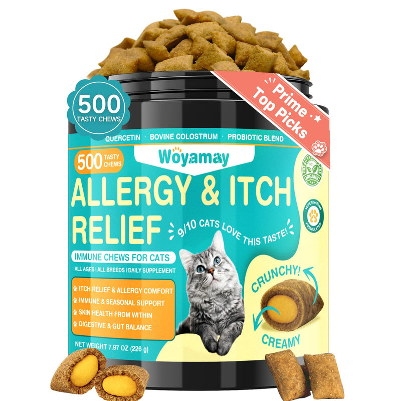 Woyamay Cat Allergy Relief for Cats, 500 Crunchy & Creamy Anti-Itch and Immunity Chews for Itchy Skin, Paws, Eyes, Ears| Stop Licking & Scratching, Supports Seasonal Itching, Chicken Flavor