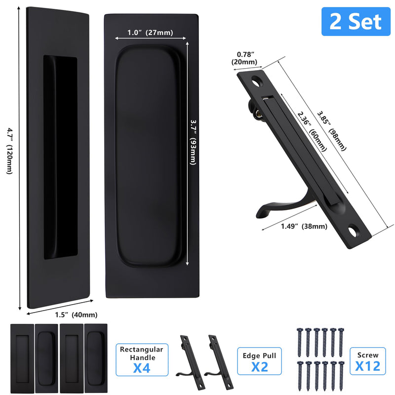 Dontay 2 Set Pocket Door Pull Handle, 304 Stainless Steel, Rectangle Recessed Flush Finger Pulls&Edge Spring Pull,No Lock,Hardware Set for More Than 1-1/8” Thickness Sliding Door(Matte Black,4.7'') ﻿ 4.72 inch (120 mm) 2Pack Matte Black