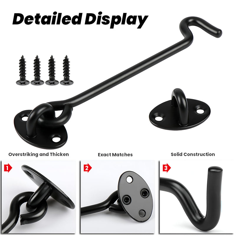 2 Pack 6'' Door Latch Door Lock Hardware, 6'' Hook and Eye Gate Latch Easy Lock for Barn Door, Black Sliding Door Lock with Screws for Window, Cabin Hooks