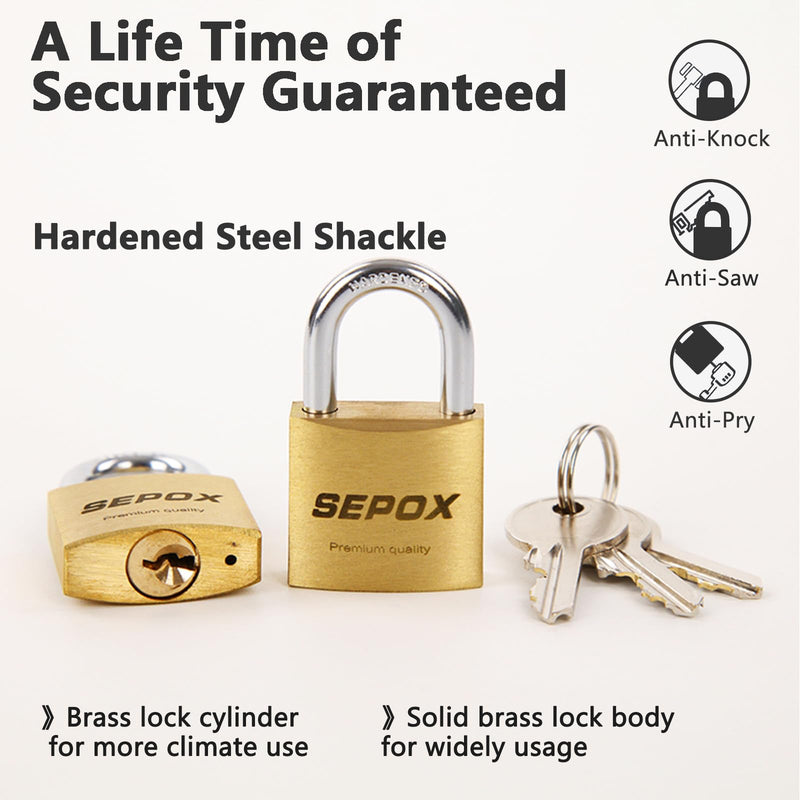 SEPOX® 6 Pcs Pack Heavy-Duty Solid Brass Padlocks with Same Keys 9 Pcs, Weather Proof Body 40mm 1-9/16", Anti-Rust & Anti-Cut Shackle, Outdoor Lock Keyed Alike for Gates, Shed, Fence, Gym Locker 6pcs