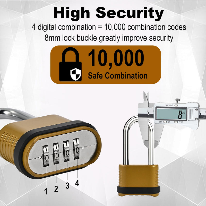 4 Digit Heavy Duty Combination Lock - 105mm Long Shackle Weatherproof Combination Padlock, Outdoor Combo Lock for Storage Units, Gym Lockers, Fence Gates & Shed Doors - Golden (2pcs, Long Shackle) 2pcs Long Shackle