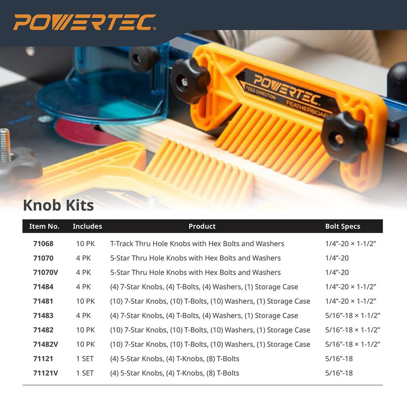 POWERTEC 71121V T Track Knob Kit w/Threaded Knobs and 5/16”-18 T Track Bolts, 16 Piece Set, T Track Accessories for Woodworking Jigs and Fixtures 5/16”-18 threaded, 16 Piece Set Knob Kits