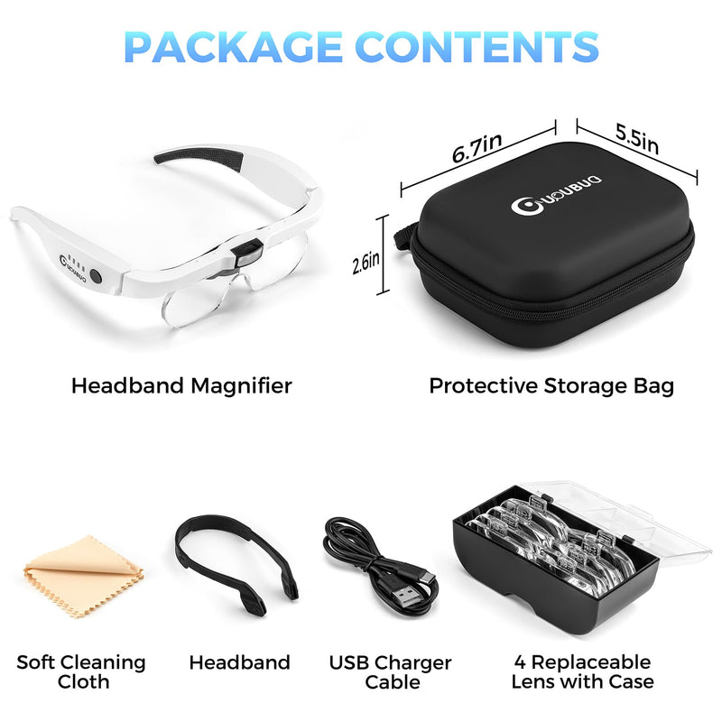 Magnifying Glass with Light, 1.5X-5.0X Magnifying Glasses, Rechargeable Magnifier Headset with Light, Head Magnifier with 4 Detachable Lenses, Magnify Glasses for Close Work Crafts Jewelry White Magnifying Glass With Carry Case