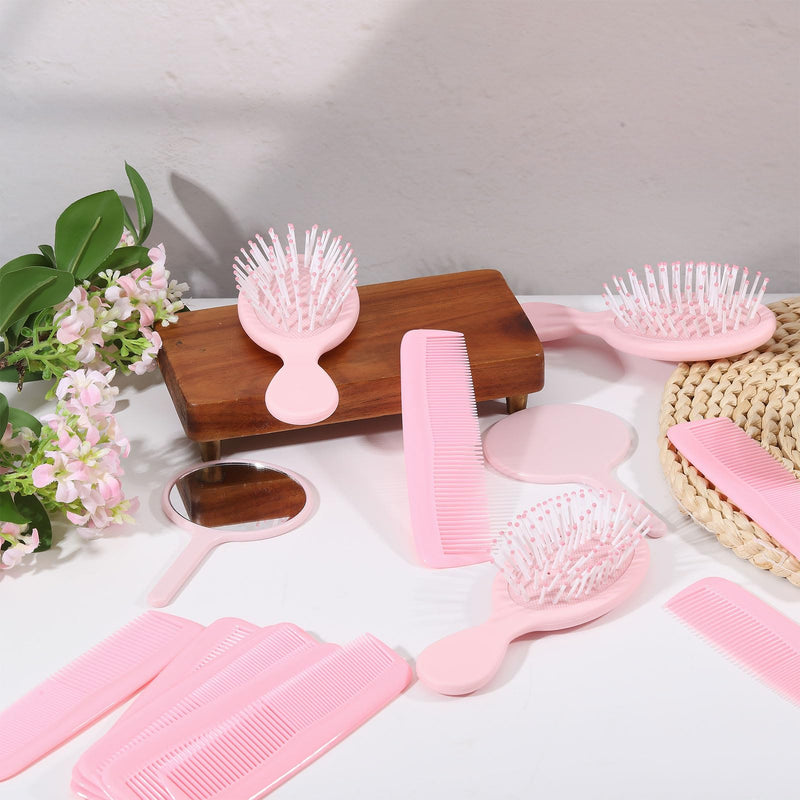 FREEBLOSS 72pcs Mini Hair Brush Set Includes 24 Detangling Hair Brushes 24 Tooth Combs and 24 Handheld Mirror for Spa Birthday Shower Party Travel Gift Box, Pink