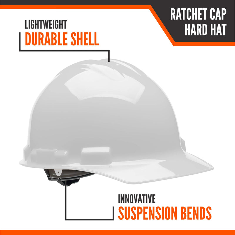 Malta Dynamics Made in US 4 Pt. Suspension Hard Hat, Ratchet Cap Style, Construction Hard Hat for Safety, OSHA/ANSI Compliant White 1