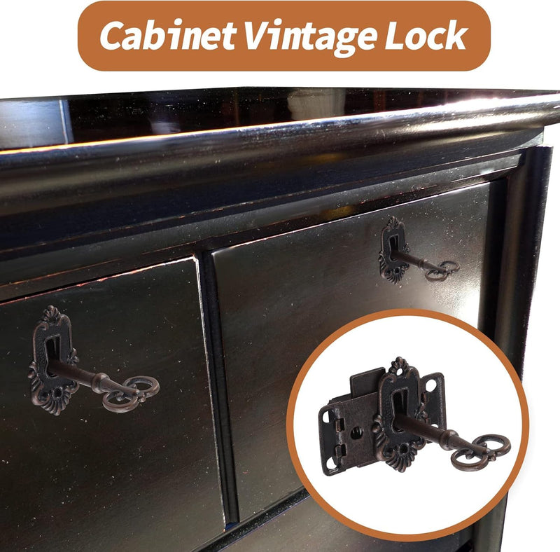2 Sets Skeleton Key Lock Decorative Antique Red Bronze Cabinet Lock with Key for Chest Cupboard Furniture 2 Sets