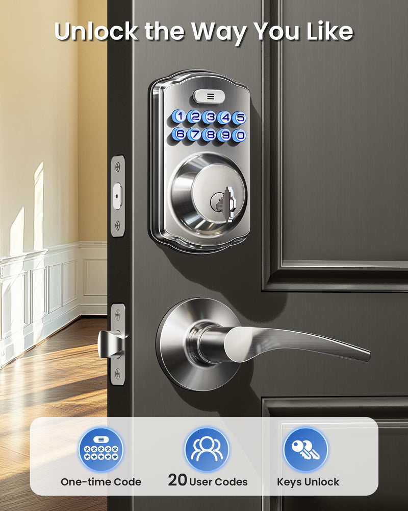 Veise Keyless Entry Door Lock with 2 Lever Handles - Electronic Keypad Deadbolt, Easy Installation Digital Smart Front Door Lock Set, Satin Nickel Door Lever