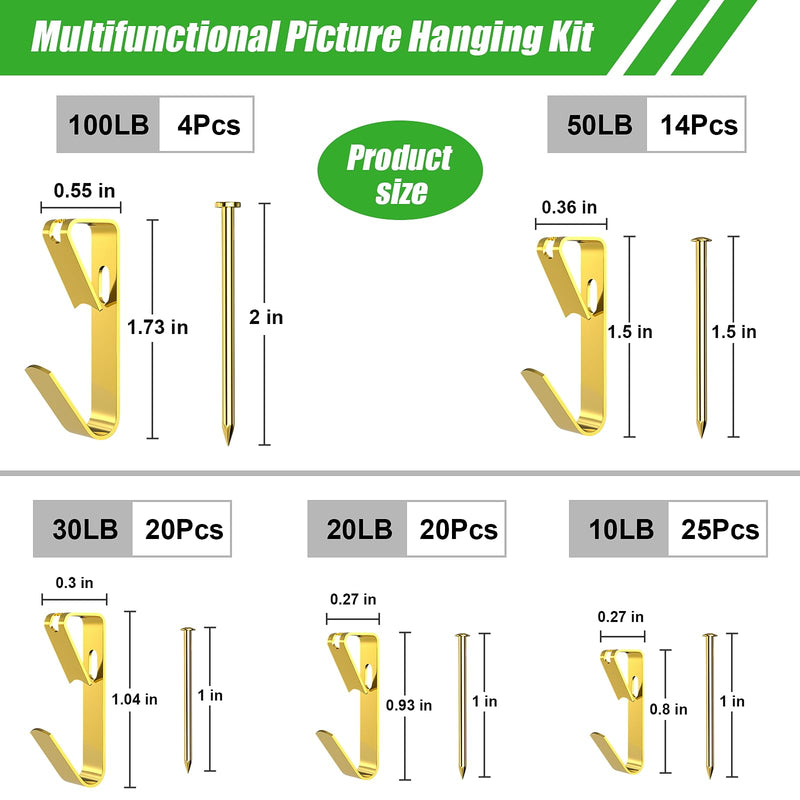 169 Picture Hook Sets, 10-100lb Picture Hanging Kit, Boxed 83 Metal Picture Hangers and 86 Nails, Suitable for Wooden Walls, Plasterboard Picture Hooks.