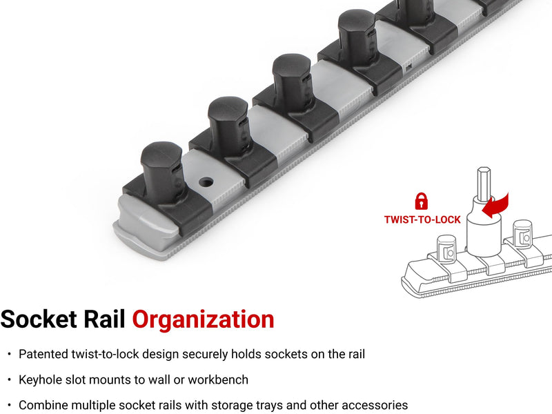 TEKTON 1/2 Inch Drive x 18 Inch Socket Rail, 15 Clips (Gray) | OSR23315 | Made in USA 1-Rail Gray (15-Tool)