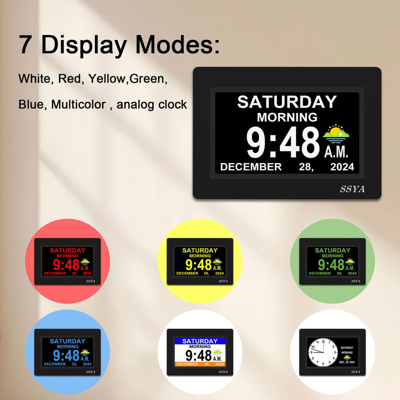SSYA 7 Inch Calendar Clock - 12 Alarm Options, Level 5 Auto Dimmable Display,Extra Large Impaired Vision Digital Clock with Non-Abbreviated Day & Month (Black) 7" Black