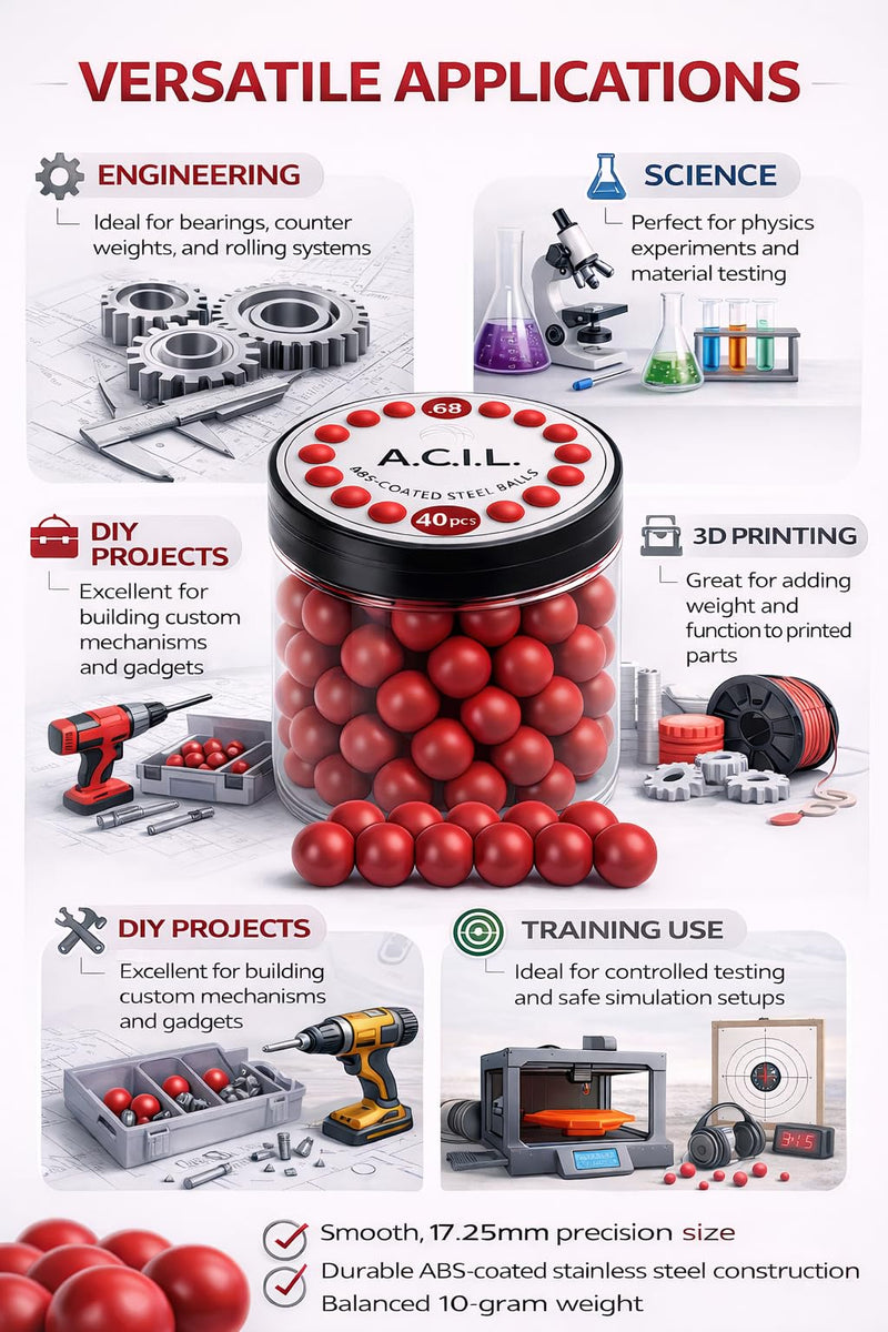 A.C.I.L. ABS-Coated Steel Balls, 17.25mm, Red, 10 grams Nylon-Steel .68, 40 Pieces